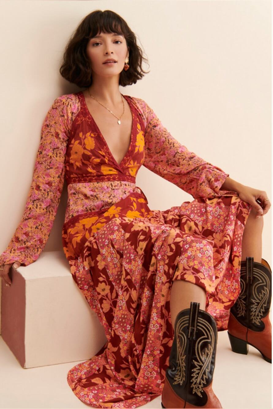 Free People Tilda Wrap Maxi Dress Orange Red Modal Floral OB1517345 Size XS New